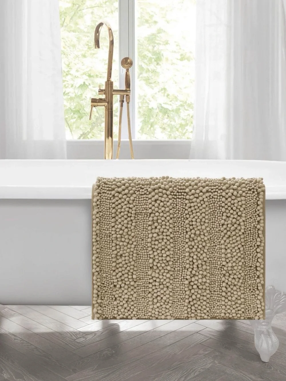 Laura Ashley Astor Chenille Bath Mat Linen 20” x 34” Non-Slip TPR Backing NWT